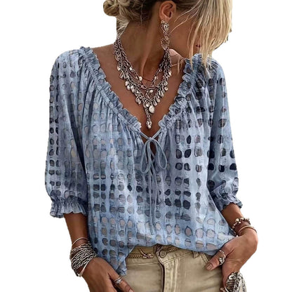 Blouse à Pois Tendance Coupe Droite  Manches 3/4
