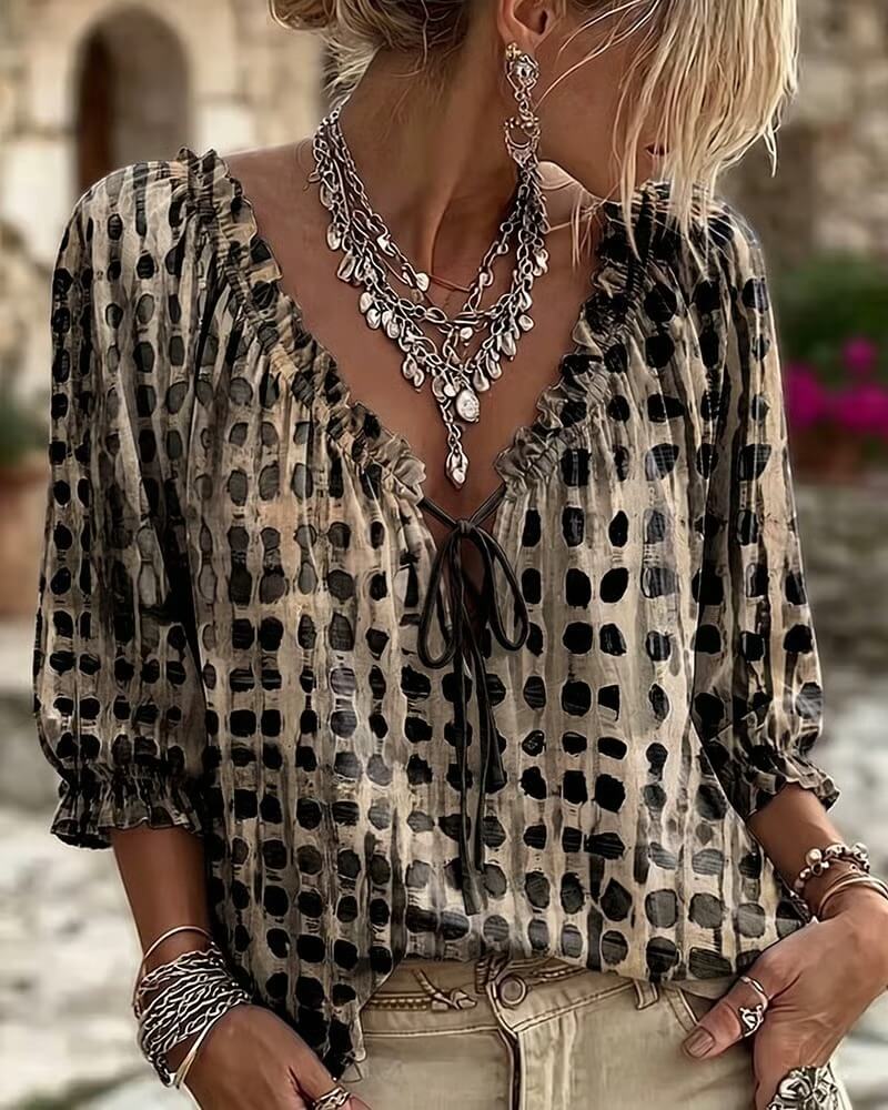 Blouse à Pois Tendance Coupe Droite  Manches 3/4