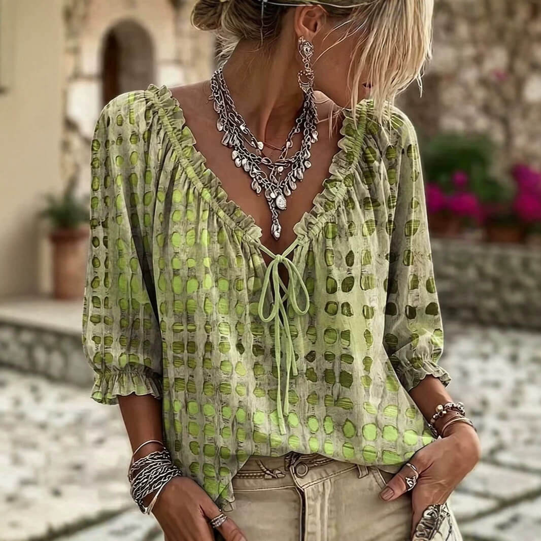 Blouse à Pois Tendance Coupe Droite  Manches 3/4