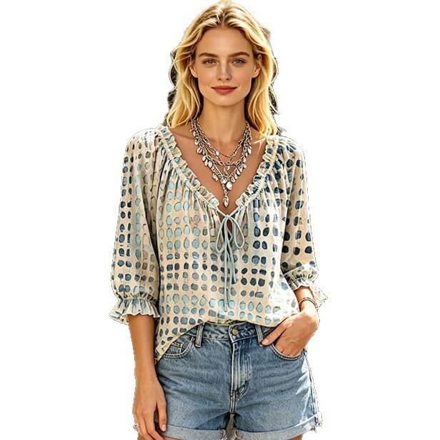 Blouse à Pois Tendance Coupe Droite  Manches 3/4