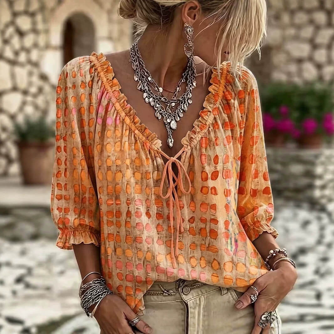 Blouse à Pois Tendance Coupe Droite  Manches 3/4