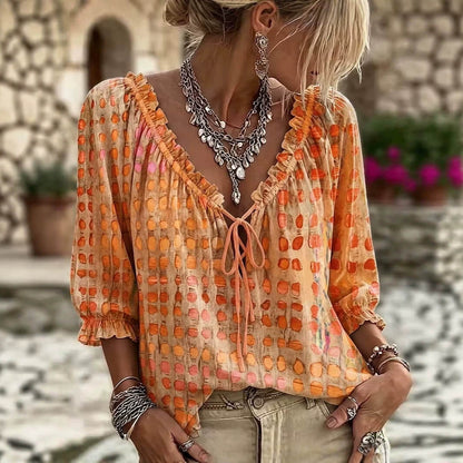 Blouse à Pois Tendance Coupe Droite  Manches 3/4