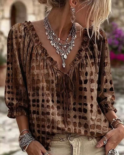 Blouse à Pois Tendance Coupe Droite  Manches 3/4
