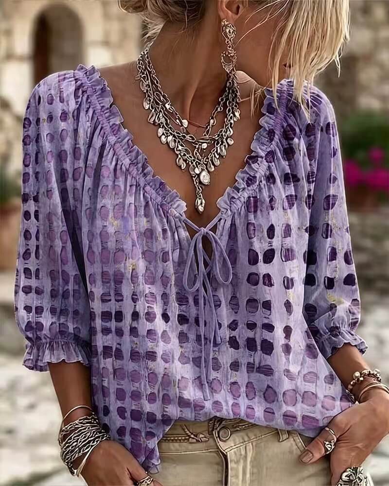 Blouse à Pois Tendance Coupe Droite  Manches 3/4